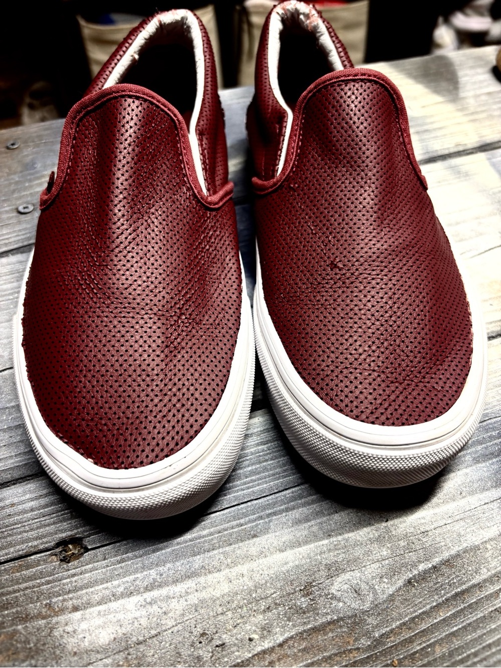 Vans Slip Ons Burgundy with perforated texture #skateboarding #womens 7.5